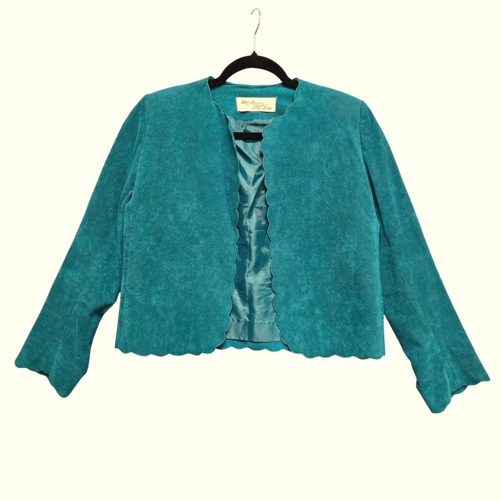 Mod Retro Jacket Vintage Suede Scalloped Teal Blue Open Front M Medium